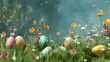 Easter eggs on grass against soft focused backdrop