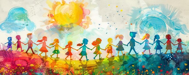 world children, colorful children silhouette banner world children's rights day theme, colorful grap