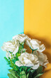 White roses bouquet on blue and yellow background. Flat lay. Vertical shot