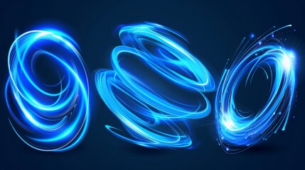 Poster - Modern illustration set of glowing swirl lines with swoosh effect. Flare circles and vortices in 3D. Abstract luminous and shine trail set.