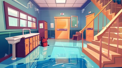 Wall Mural - The interior of a hallway in a school, with stairs and doors, lockers and backpacks on the floor close to a sink with water. Cartoon modern illustration of a corridor with a classroom entrance and