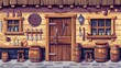 Old west tavern and saloon interior elements. Cartoon set of furniture and stuff, including wooden doors, bar counters, chairs, glass bottles, and wood barrels filled with beer.