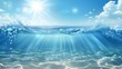 An illustration of a realistic marine horizon with a blue sea or ocean at sea level, with bubbles and sun rays, sand bottom and clouds adding texture to the background.