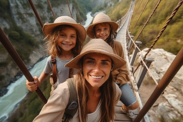 A woman and two children are walking across a suspension bridge, holding on to the railings for safety