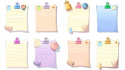 Poster - There are Memo note - writing sheets attached with adhesive tape and pins. Notepads with white and colorful pages for memory writings. Frames with realistic modern illustration.