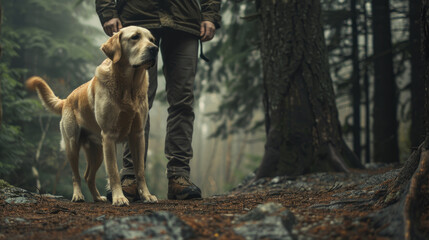 A man is seen walking a dog through a dense forest, surrounded by tall trees and greenery