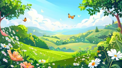 Wall Mural - Beautiful summer valley landscape with flowers. Modern cartoon illustration of butterflies flying above green grass on hills, trees and bushes, fluffy white clouds in blue sky.