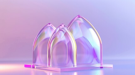 Poster - Objects of 3D holography on a violet and white gradient background. Modern illustration of abstract geometric podium with iridescent glossy surface for product presentation.