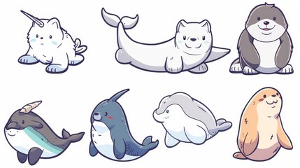 Sticker - Animals from the north pole, polar arctic wild life characters, including a white wolf, a swimming beluga, a narwhal, a big brown harbor, and a little harp seal baby.