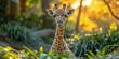 Curious baby giraffe peering through lush greenery at sunset