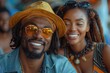 Lively image captures a happy couple in trendy sunglasses and hats, embracing the festive vibe at an outdoor summer event, highlighting modern style and joyfulness