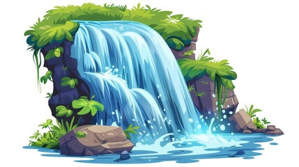 Wall Mural - Flow of water from waterfall cascade of a tropical park. Florida niagara splash and flood flow illustration. Isolated brook element.