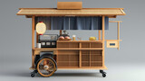 Fototapeta Kuchnia - Japanese food cart with wheels, traditional Japanese design elements, wood and blue fabric cover, lantern on top, open side panels for the service area