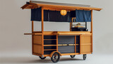Fototapeta Kuchnia - Japanese food cart with wheels, traditional Japanese design elements, wood and blue fabric cover, lantern on top, open side panels for the service area