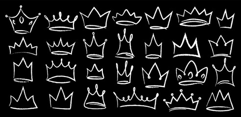 Wall Mural - Hand drawn doodle set of grunge crayon, charcoal, chalk crown isolated icon. Scribble line sketches of king crown, majestic tiara, queen royal diadem vector. Graffiti royal coronation luxury symbol