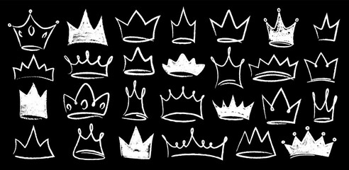 Wall Mural - Hand drawn doodle set of grunge crayon, charcoal, chalk crown isolated icon. Scribble line sketches of king crown, majestic tiara, queen royal diadem vector. Graffiti royal coronation luxury symbol