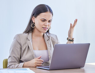 Poster - Woman, laptop and confused in working office, hand gesture and question with puzzled employee. Online, feedback and review for project, frustrated and stressed with company website and 404 error