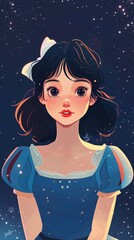 Wall Mural - the Snow White by 90s anime style, vintage aesthetic, flat color illustration, full body portrait, dark background, high contrast, blue dress