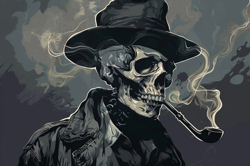 A skeleton in a detective hat smoking a pipe with ghostly smoke in a 1920s noir vector style