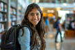 © Volodymyr - A smiling cute pretty Hispanic girl, a positive female teenage high school student, stands in the modern university or college campus library holding her backpack and looking at the camera. This