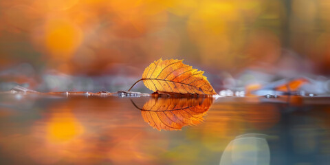 Poster - Autumn leaf floating on water surface. Autumn colors, defocused, blurred, bokeh background.