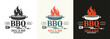 BBQ logo or icon. Grill, barbecue design with fire flame, fork and spatula. Meat restaurant symbol. Vector illustration.
