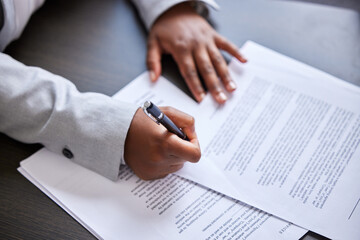 Poster - Contract, documents and signature with business person in office from above for legal agreement. Corporate, insurance and paper with professional employee in workplace to sign deal or form on desk