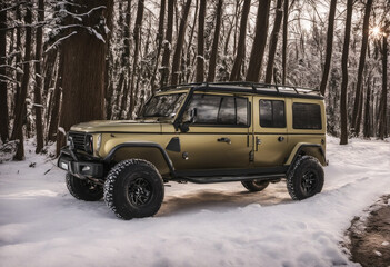 jeep in snow forest