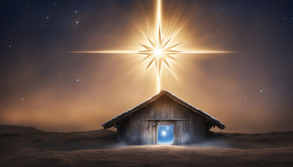 Wall Mural - Bright star shines over the manger of christmas of Jesus Christ on blue starry sky, magical wall paper