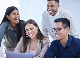 Aufkleber - Teamwork, laptop and business people working together in office for company growth, project and strategy. Collaboration, technology and group of employees with cooperation for idea, planning and goal