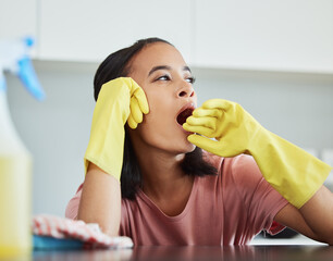 Wall Mural - Cleaning, tired and woman with fatigue in kitchen for hygiene, dirt removal and disinfect for bacteria. Female worker, yawn and table cleaner in apartment for safety with chemical, cloth and health