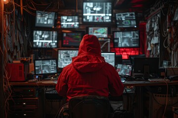 Poster - An anonymous hacker in a red hoodie is intensely focused on the cyber task at hand, surrounded by a complex array of computer screens
