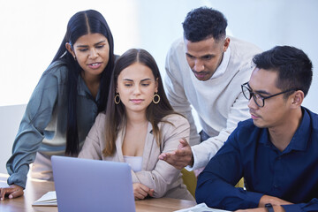 Poster - Meeting, training and business people with laptop in office for investment, search or company revenue analysis. Financial, computer and accountant team with online budget planning, solution or idea