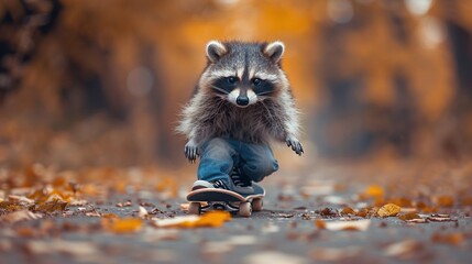 Wall Mural -   A raccoon rides a skateboard on a leaf-covered path in the woods