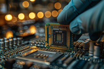 Poster - Gloved hand confidently holding a high-tech computer processor chip with blurred background