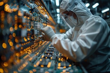 Poster - Dressed in a protective suit, a scientist meticulously inspects microchip semiconductor wafers in a high-tech laboratory