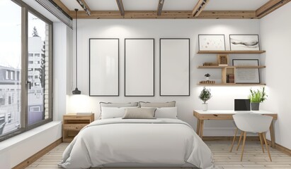 Wall Mural - A white bedroom with wooden accents, featuring an elegant bed and stylish bedside tables