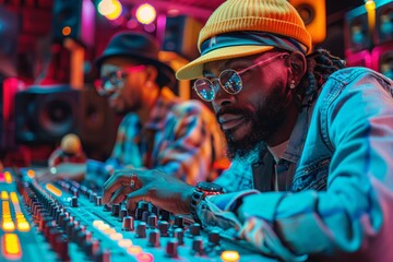 Music producer in a neon-lit studio carefully working on a soundboard with multiple sliders