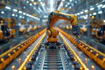 Poster - A yellow robotic arm is positioned centrally in a factory with numerous identical arms in the background, depicting industrial automation
