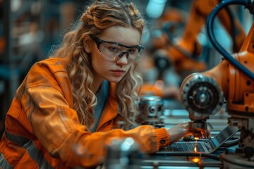 Poster - A concentrated female engineer in an orange jumpsuit operates automated machinery in a factory environment