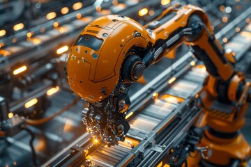 Poster - Close-up view of a yellow robotic arm with intricate details against a blurred background of similar machines, illustrating high-tech industry