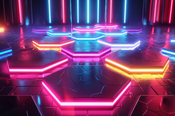 Wall Mural - Abstract hexagon floor glowing with neon lights, creating an atmospheric and futuristic club scene