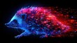   A hedgehog on a black ground, surrounded by red, blue, and starry skies