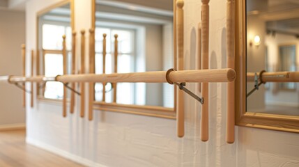Wall Mural - A wall-mounted ballet barre with mirrors behind it in a dance studio, illuminated by natural light.