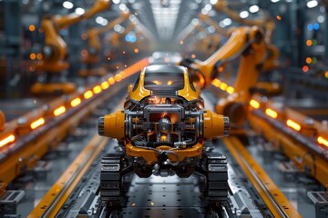 Poster - An impressive image showcasing the sophisticated robotic arms assembling a vehicle in a high-tech manufacturing facility