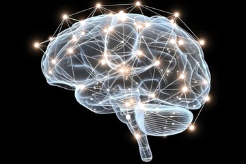 Poster - Detailed 3D illustration of a complex human brain structure resembling a network of interconnected nodes and pathways. Generative AI