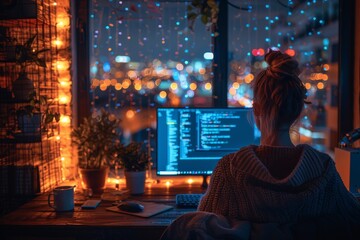 Poster - A tech-savvy woman focuses on coding on her computer, with a cityscape night scene visible through the window, expressing concentration and innovation