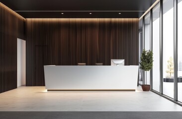 A white reception desk with an open space on the right, wall panels in a dark wood color, and a large window behind it that captures a view of another office room