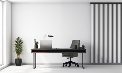 Wall Mural - 3d rendering, Modern office interior with white wall, grey wooden floor and black desk in front of window with vertical blinds