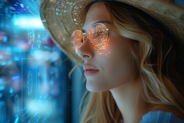 Canvas Print - A woman with a straw hat stands in front of glowing virtual reality interfaces, denoting tech advancement